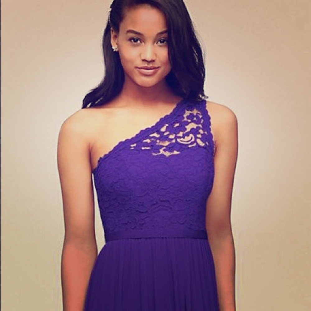 Extra long one shoulder lace bridesmaid dress